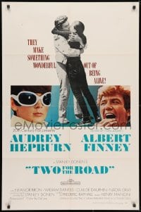 3j934 TWO FOR THE ROAD 1sh 1967 Audrey Hepburn & Albert Finney embrace, directed by Stanley Donen!