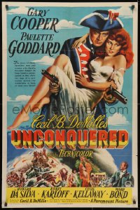 3j938 UNCONQUERED 1sh 1947 art of Gary Cooper holding Paulette Goddard & two guns!