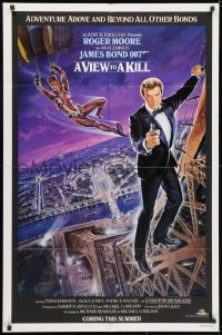 3j950 VIEW TO A KILL advance 1sh 1985 art of Roger Moore & Jones by Goozee over purple background!