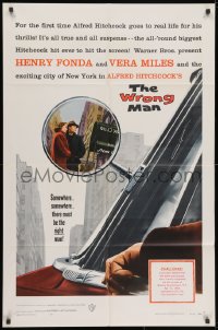 3j992 WRONG MAN 1sh 1957 Henry Fonda, Vera Miles, Alfred Hitchcock, cool rear view mirror art!