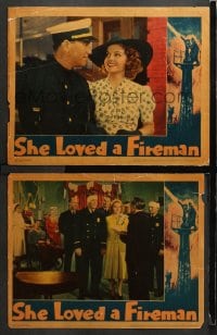 3k951 SHE LOVED A FIREMAN 2 LCs 1937 firefighter Robert Armstrong, Dick Foran & Ann Sheridan!
