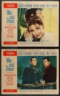 3k987 WAR & PEACE 2 LCs 1956 romantic close up of Audrey Hepburn embracing Jeremy Brett!