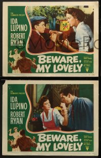 3k684 BEWARE MY LOVELY 3 LCs 1952 film noir, Ida Lupino is trapped by Robert Ryan!
