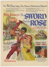 3m133 SWORD & THE ROSE magazine ad 1953 Walt Disney, art of Richard Todd swinging sword & Glynis Johns!