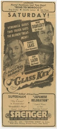 3m142 GLASS KEY 4x9 newspaper ad 1942 Alan Ladd, sexy Veronica Lake, Brian Donlevy, Dashiel Hammett