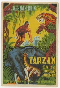3m845 NEW ADVENTURES OF TARZAN Spanish herald R1940s art of Bruce Bennett & elephant fighting tiger!