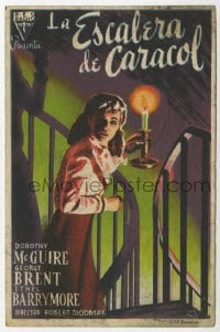 3m935 SPIRAL STAIRCASE Spanish herald 1947 art of scared Dorothy McGuire holding candle on stairs!