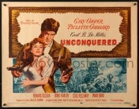 3p974 UNCONQUERED red credits style 1/2sh R1955 art of Gary Cooper holding Paulette Goddard & guns!