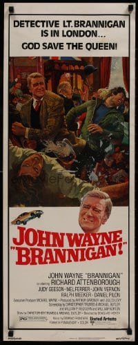 3p038 BRANNIGAN insert 1975 great Robert McGinnis art of fighting John Wayne in England!