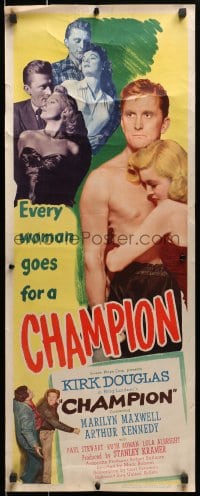 3p047 CHAMPION insert 1949 boxer Kirk Douglas with Marilyn Maxwell & Ruth Roman, boxing classic!
