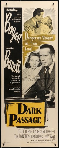 3p062 DARK PASSAGE insert R1956 great close up of Humphrey Bogart with gun & sexy Lauren Bacall!