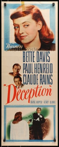 3p069 DECEPTION insert 1946 great close up of Bette Davis & Paul Henreid, Claude Rains