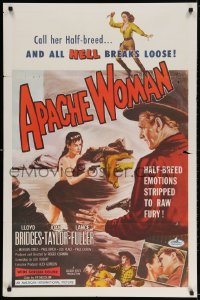 3r615 APACHE WOMAN 1sh 1955 art of naked cowgirl in water pointing gun at Lloyd Bridges!