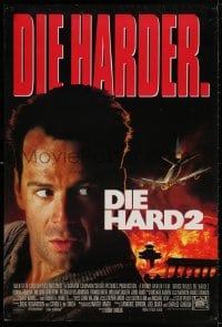3r687 DIE HARD 2 int'l DS 1sh 1990 tough guy Bruce Willis, image of airplane and fire over airport!