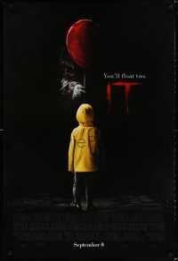 3r778 IT advance DS 1sh 2017 creepy image of Pennywise handing child balloon, you'll float too!