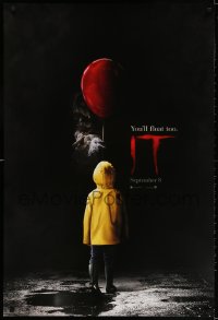 3r779 IT teaser DS 1sh 2017 creepy image of Pennywise handing child balloon, you'll float too!