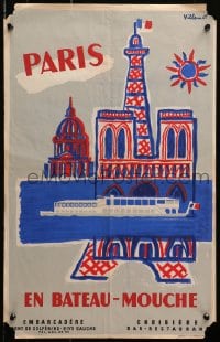 3r549 PARIS EN BATEAU-MOUCHE 15x24 French travel poster 1955 Villemot Bouissoud art, Eiffel Tower!