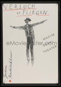 3r451 VERSUCH ZU FLIEGEN 23x32 East German stage poster 1970s floating man in a hat by Gruttner!