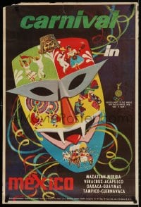 3r020 CARNIVAL IN MEXICO 24x35 Mexican travel poster 1960s art of a decorated mask!