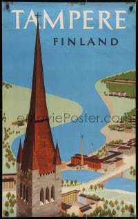 3r017 TAMPERE FINLAND 24x39 Finnish travel poster 1956 Cathedral and smokestacks by Mykkanen!