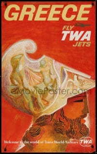 3r004 TWA GREECE 25x40 travel poster 1960s cool art of ancient Greek soldier by David Klein!