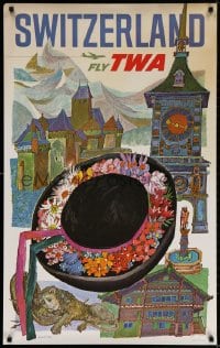 3r001 TWA SWITZERLAND 25x40 travel poster 1960s wonderful art of hat & landmarks by David Klein!