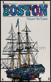 3r008 UNITED AIR LINES BOSTON 25x40 travel poster 1968 art of the U.S.S. Constitution by Jebary!