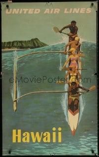3r009 UNITED AIR LINES HAWAII 25x40 travel poster 1960s Galli art of people in outrigger canoe!