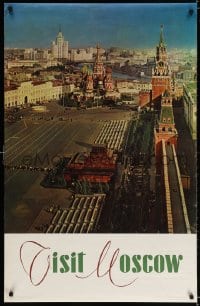 3r021 VISIT MOSCOW 27x42 Russian travel poster 1960s cool image of Red Square overlooking Lenin's Tomb!