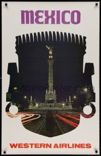 3r011 WESTERN AIRLINES MEXICO 25x39 travel poster 1960s Angel of Independence in Mexico City!