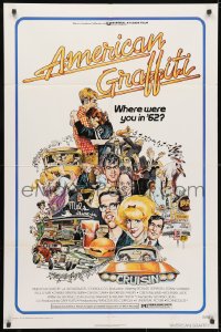 3t034 AMERICAN GRAFFITI 1sh 1973 George Lucas teen classic, Mort Drucker montage art of cast!
