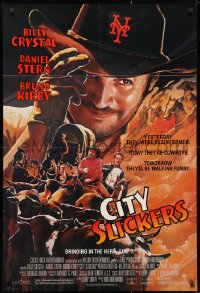 3t161 CITY SLICKERS advance 1sh 1991 great artwork of cowboys Billy Crystal & Daniel Stern!