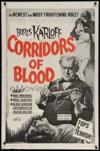 3t175 CORRIDORS OF BLOOD 1sh 1963 Boris Karloff, Christopher Lee, blood-curdling experiments!