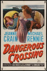 3t190 DANGEROUS CROSSING 1sh 1953 artwork of very sexy Jeanne Crain in nightie, Michael Rennie!