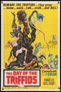 3t195 DAY OF THE TRIFFIDS 1sh 1962 classic English sci-fi horror, cool art of monster with girl!