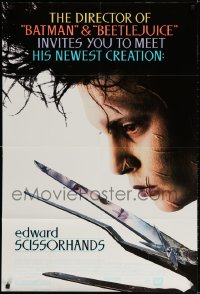 3t254 EDWARD SCISSORHANDS 1sh 1990 Tim Burton classic, best close up of scarred Johnny Depp!