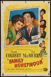 3t280 FAMILY HONEYMOON 1sh 1948 art & photo of newlyweds Claudette Colbert & Fred MacMurray!