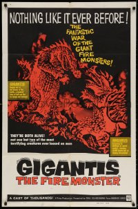 3t326 GIGANTIS THE FIRE MONSTER 1sh 1959 cool art of Godzilla breathing flames at Angurus!