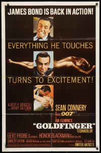 3t332 GOLDFINGER 1sh 1964 three great images of Sean Connery as James Bond 007 with glossy finish!