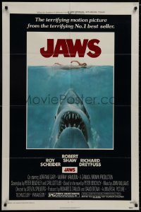 3t454 JAWS 1sh 1975 art of Steven Spielberg's classic man-eating shark attacking swimmer!
