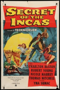 3t750 SECRET OF THE INCAS 1sh 1954 art of Charlton Heston in South America, Robert Young!