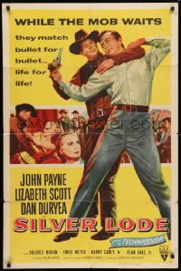 3t765 SILVER LODE 1sh 1954 art of cowboy John Payne in fight, sexy Lizabeth Scott!