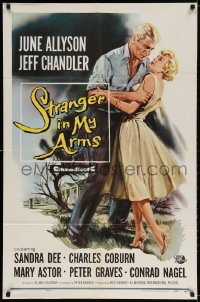 3t819 STRANGER IN MY ARMS 1sh 1959 art of Jeff Chandler holding pretty June Allyson!