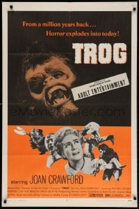 3t905 TROG 1sh 1970 Joan Crawford & prehistoric monsters, wacky horror explodes into today!