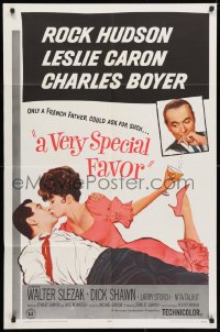 3t931 VERY SPECIAL FAVOR 1sh 1965 Rock Hudson kisses sexy Leslie Caron, Charles Boyer!