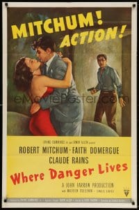 3t962 WHERE DANGER LIVES 1sh 1950 Robert Mitchum holding Faith Domergue + Rains w/gun