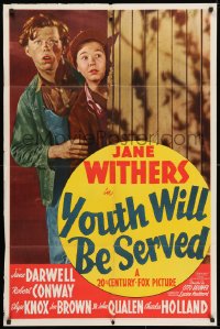 3t994 YOUTH WILL BE SERVED 1sh 1940 great image of Jane Withers peeking out from behind fence!