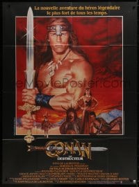 3w565 CONAN THE BARBARIAN French 1p R1984 best image of Arnold Schwarzenegger with sword, rare!