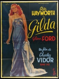 3w649 GILDA French 1p R1972 art of sexy Rita Hayworth full-length in sheath dress by Boris Grinsson!