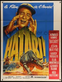 3w679 HATARI French 1p 1962 Howard Hawks, best art of John Wayne in Africa by Roger Soubie!